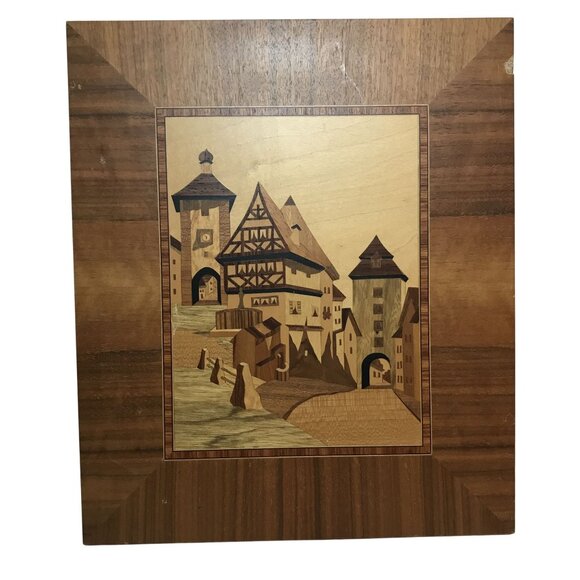Handcrafted Wood Marquetry Wall Plaque Featuring German City Scene - Picture 5 of 8